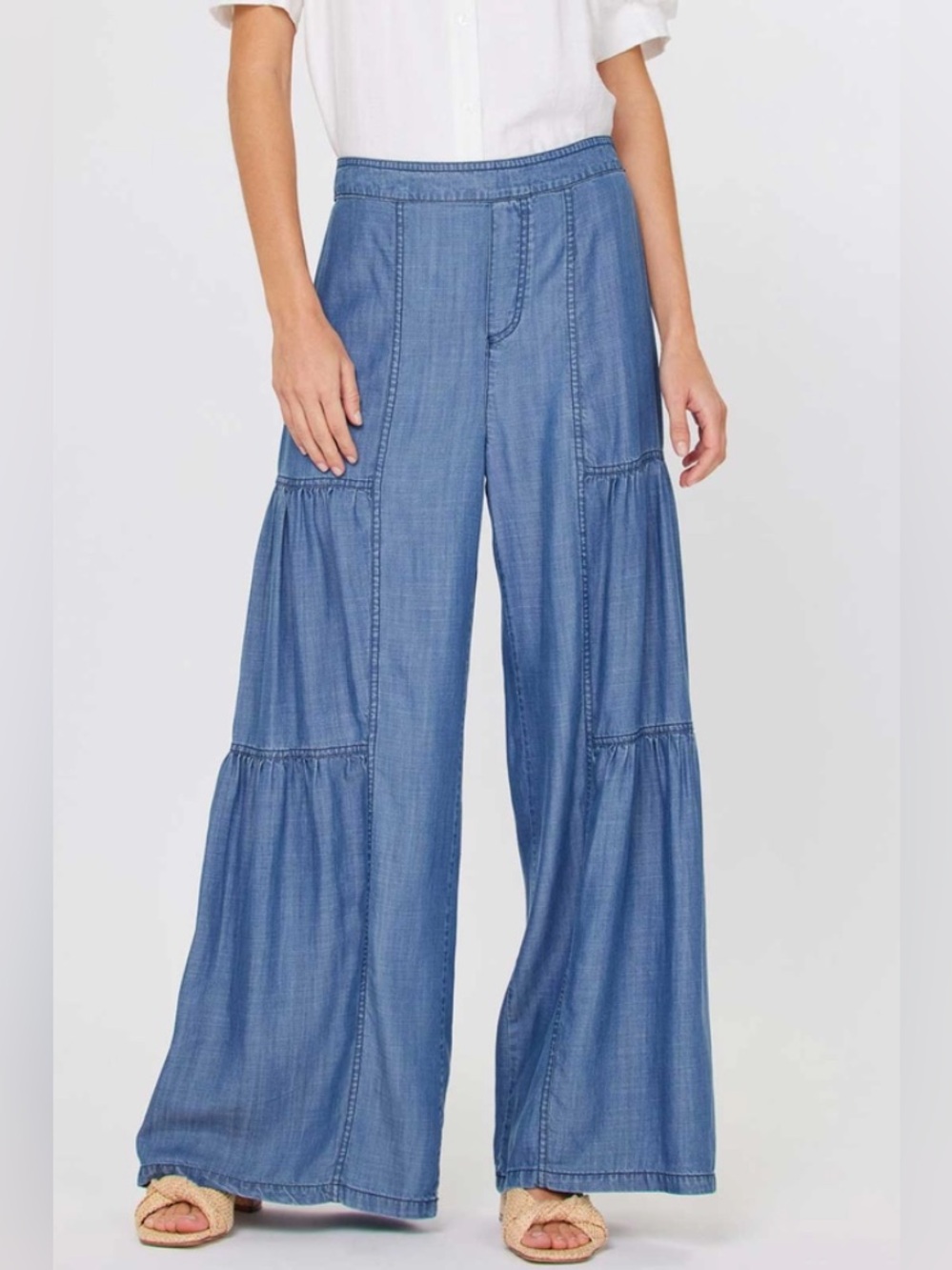 Current Air Chambray Tiered Wide Leg Pants Light Blue Denim-Style Elastic Waist